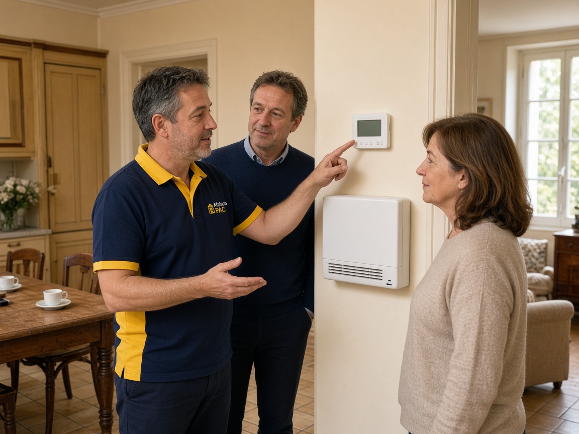 Technicien qui explique le thermostat dans une maison.