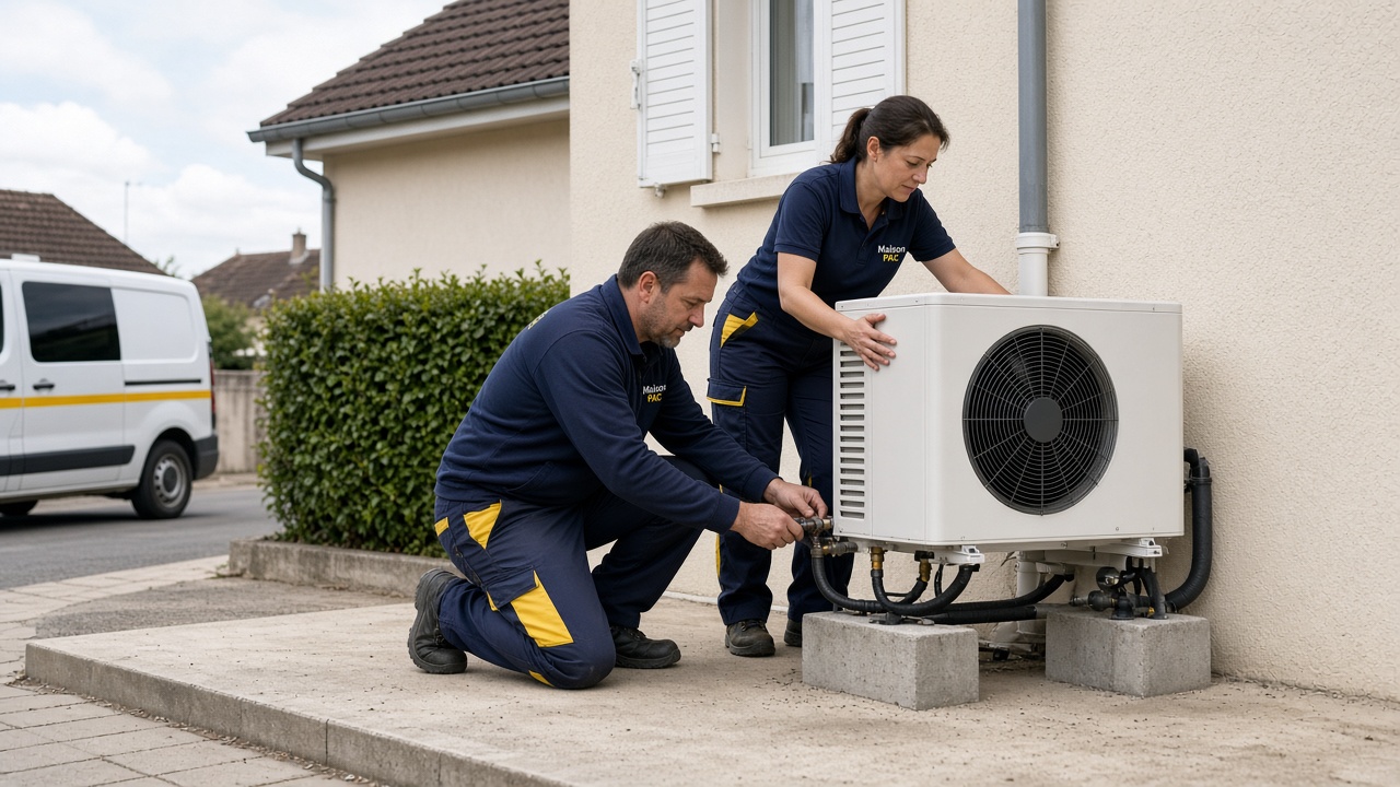 Pompe à chaleur air-eau installée contre une maison.